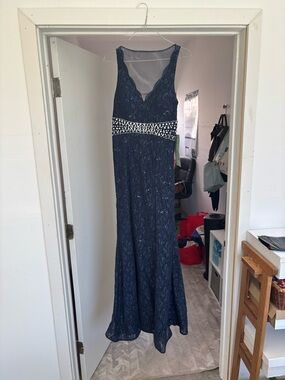 My Michelle Navy Lace Prom Dress with Beaded Waistband